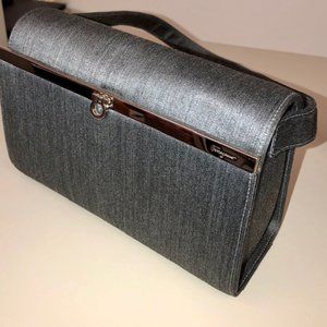 Salvatore Ferragamo Vintage Designer Purse Steel Grey Blue Silk Shoulder Bag